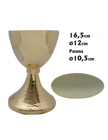 Caliz Metal Dorado Liso Nudo A Rayas Y Base Punteada Altura 16. 5cm Con Patena