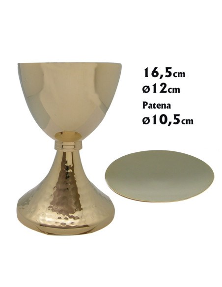 Caliz Metal Dorado Liso Nudo A Rayas Y Base Punteada Altura 16. 5Cm Con Patena
