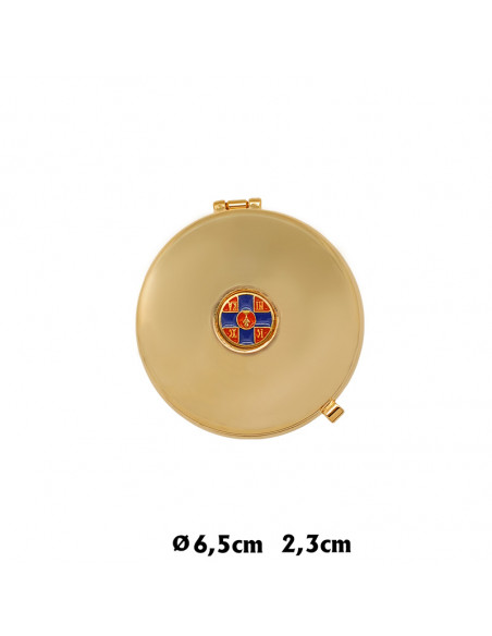 Portaviatico Dorado Con Boton Esmalte Superior Cruz Azul Y Caliz Rojo Con Funda