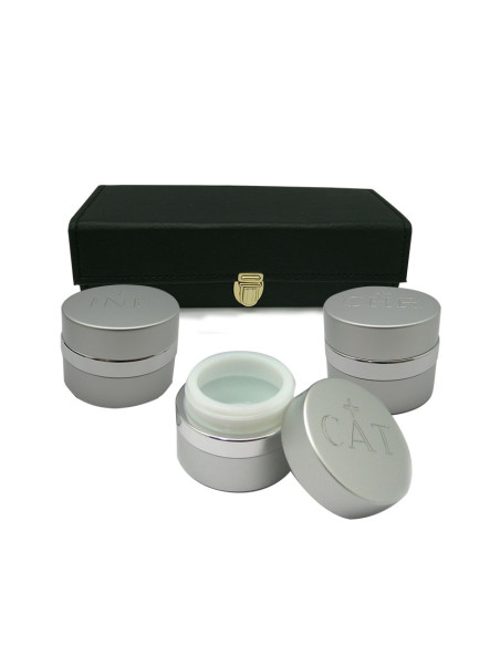 Crismera 3 Vasos Aluminio Plateado Y Cristal Ceramico Interno Estuche Rectangular