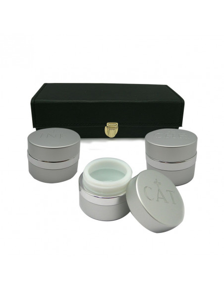 Crismera 3 Vasos Aluminio Plateado Y Cristal Ceramico Interno Estuche Rectangular