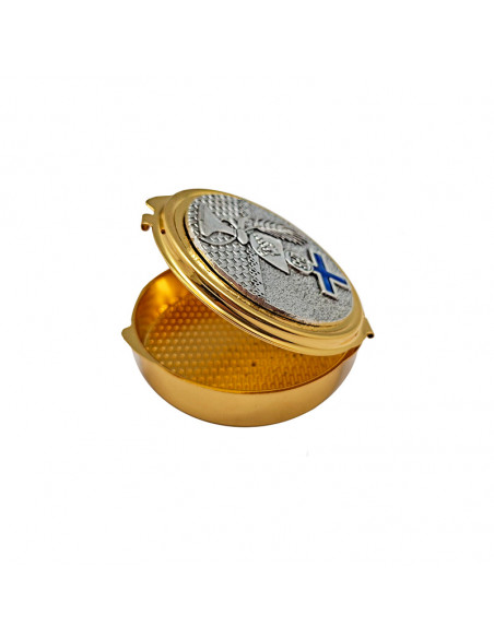 Portaviatico Caja Dorada Placa relieve plateada Caliz con cruz esmaltada azul 6.2x2 cm