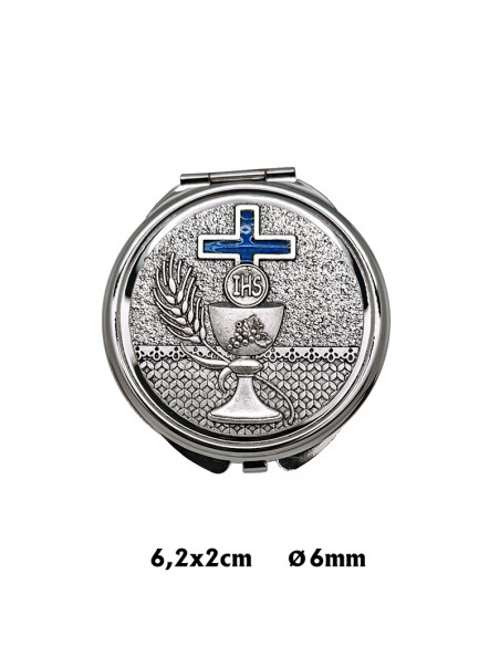 Portaviatico Caja niquel rodio Placa relieve plateada Caliz con cruz esmaltada azul 6.2x2 cm