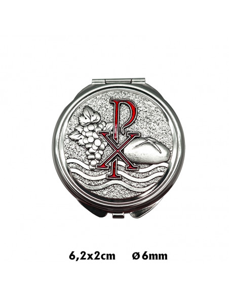 Portaviatico Caja Niquel Rodio Placa Relieve Plateada Pax Esmalte Rojo Con Uvas Y Pan 6.2X2 Cm