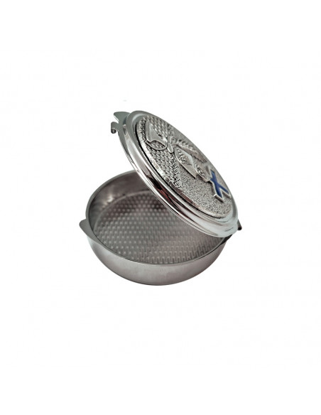 Portaviatico Caja niquel rodio Placa relieve plateada Caliz con cruz esmaltada azul 6.2x2 cm