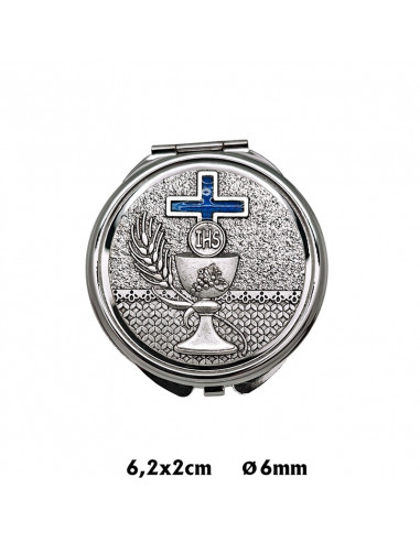 Portaviatico Caja niquel rodio Placa relieve plateada Caliz con cruz esmaltada azul 6.2x2 cm