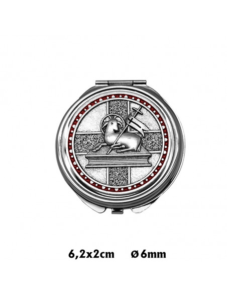 Portaviatico Caja Niquel Rodio Placa Relieve Plateada Cordero En Circulo Esmalte Rojo 6.2X2 Cm