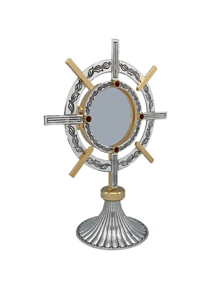 Custodia Plateada Bicolor Tipo Timon Hojas Grabadas Adornos Rojos Pie Rayado 25cm