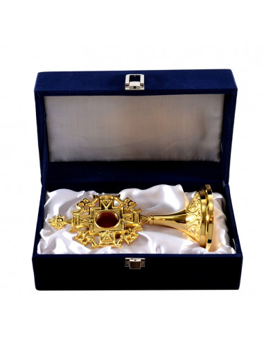 Relicario Dorado Octogonal Y Base Labrada Con Caja Baño Oro 24k 20. 5 X 10cm