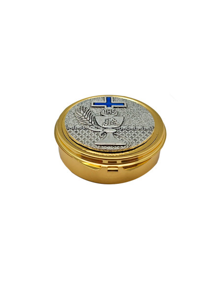 Portaviatico Caja Dorada Placa Relieve Plateada Caliz Con Cruz Esmaltada Azul 6.2X2 Cm