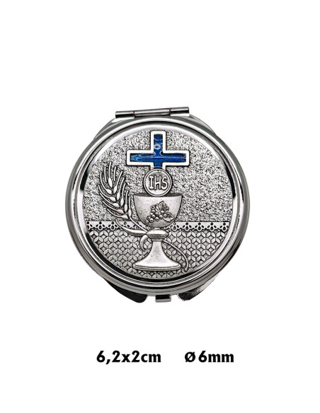 Portaviatico Caja Niquel Rodio Placa Relieve Plateada Caliz Con Cruz Esmaltada Azul 6.2X2 Cm