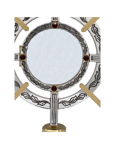 Custodia Plateada Bicolor Tipo Timon Hojas Grabadas Adornos Rojos Pie Rayado 25Cm