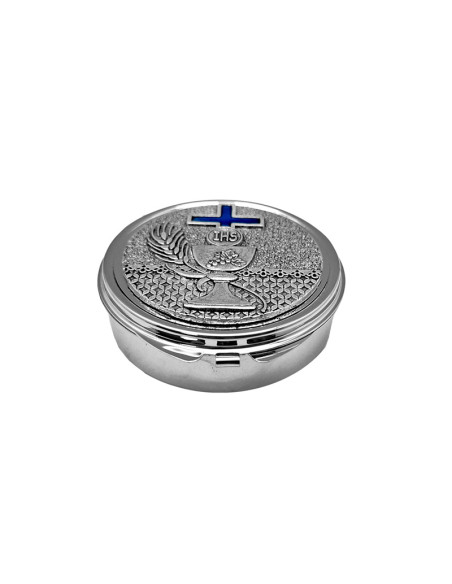 Portaviatico Caja Niquel Rodio Placa Relieve Plateada Caliz Con Cruz Esmaltada Azul 6.2X2 Cm