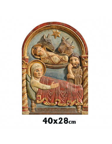 Retablo Navidad Relieve 40x28cm Madera Estilo Romanico Envejecido