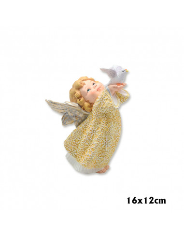 Angel Res Con Paloma En Las Manos 16cm Pl Vestido Dorado Bajo En Blanco Alas Doradas