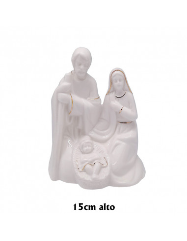 Nacimiento Sagrada Familia Porcelana Blanca 13x15cm Arrodillada Lineas Doradas