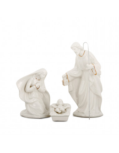 Nacimiento Sagrada Familia Porcelana Blanca 20cm 3 Figuras Lineas Doradas