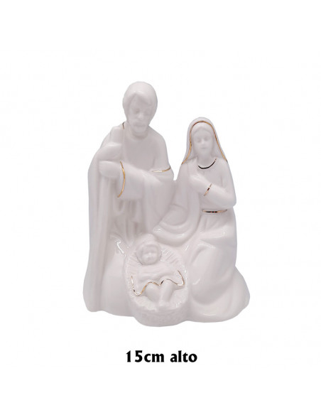 Nacimiento Sagrada Familia Porcelana Blanca 13x15cm Arrodillada Lineas Doradas