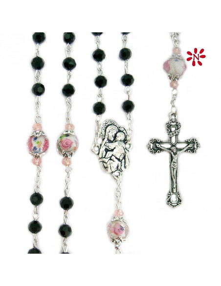 Rosario Cristal Tallado 6mm Negro Pater 10mm Con Rosa Interna