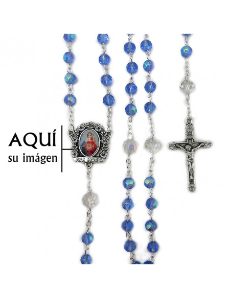 Rosario Cristal Tallado 6mm Azul Claro Con Pater 8mm Cristal Trasparente