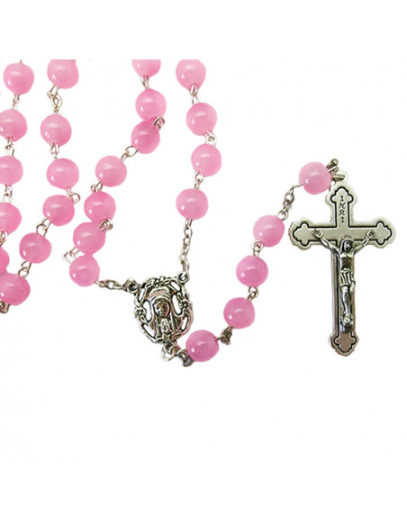 Rosario Cristal Liso 8mm Rosa Con Crucifijo Metal