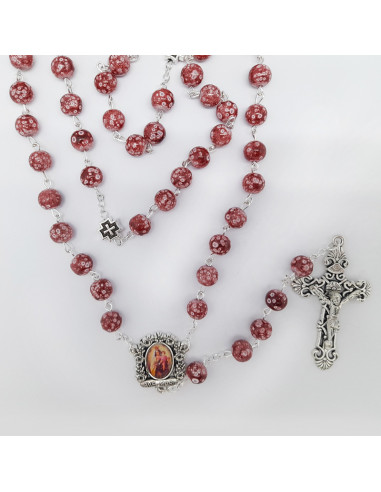Rosario Cristal Liso 8mm Divina Misericordia Rojo Con Copetas Y Paters Jesús Misericordioso