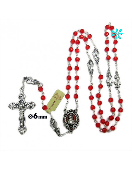 Rosario Cristal Tallado Rojo 6Mm Divina Misericordia En Paters Y Maria Esmaltada