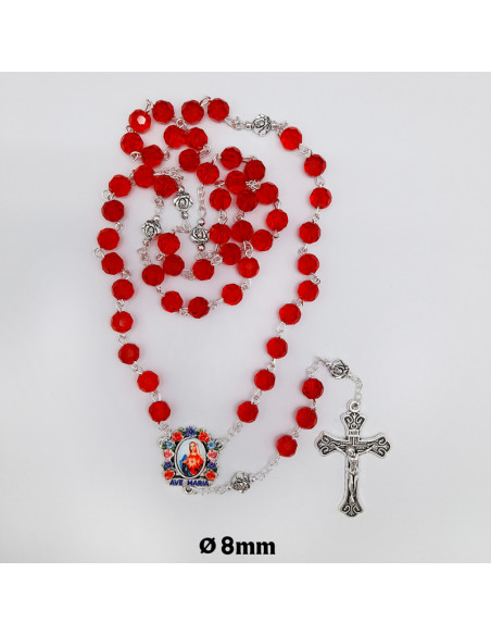Rosario Cristal Granulado 6Mm Rojo Con Rosas Blancas En Los Paters