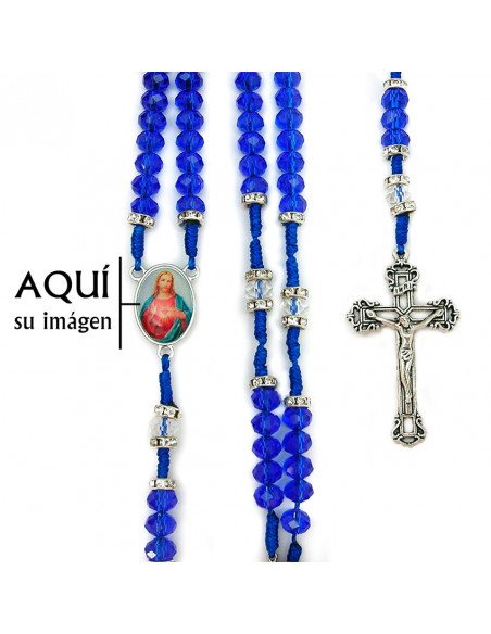 Rosario Cuerda Bola Azul Cristal 8mm Con Piedras En Paters