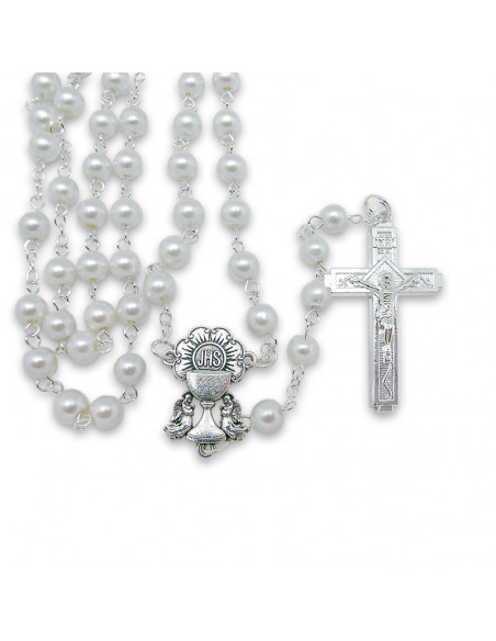 Rosario Cristal Imitacion Perla 6mm Primera Comunion