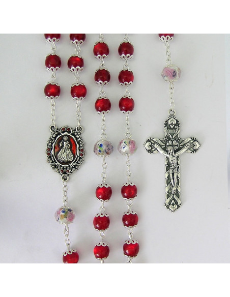 Rosario Cristal Rojo 8Mm Misericordioso Paters 8Mm Grano Rosa Interna Y Copetas