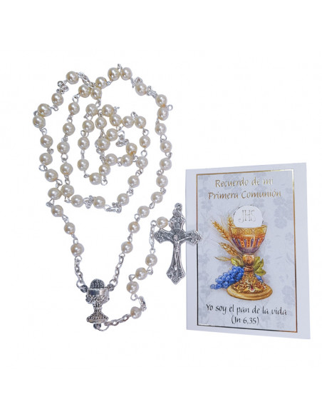 Rosario Cristal Perlado Celeste 5mm Primera Comunion Con Folleto En Caja