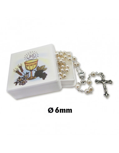 Rosario Cristal Perlado Celeste 5mm Primera Comunion Con Folleto En Caja