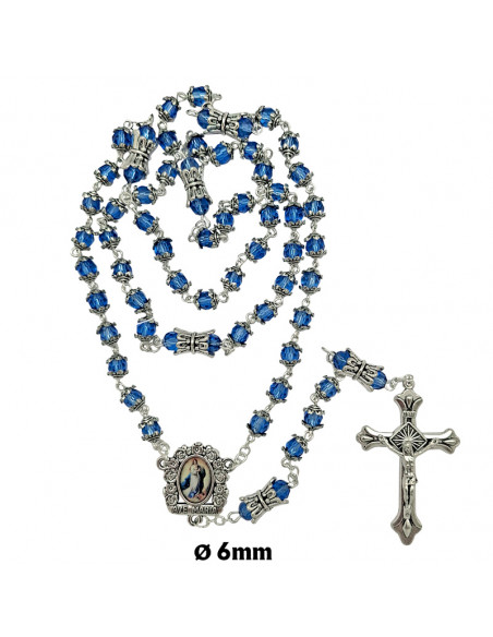 Rosario Cristal Tallado 6Mm Azul Con Copetas Y Paters Doble Metal