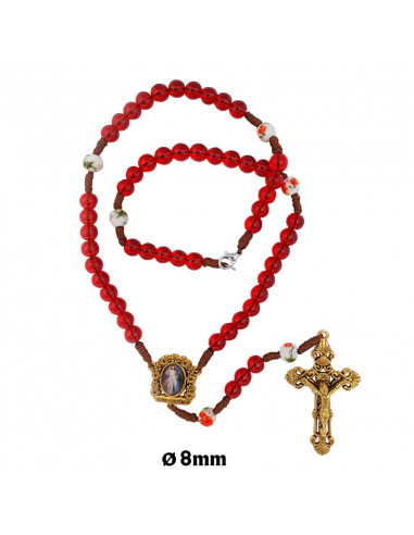 Rosario cristal rojo con cuerda 8mm con paters ceramica cruz y maria dorada