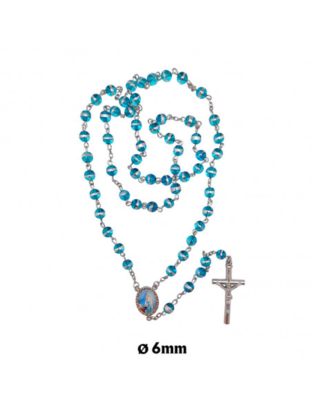 Rosario Cristal Liso 6Mm Azul Celeste Con Anillo Central Plateado