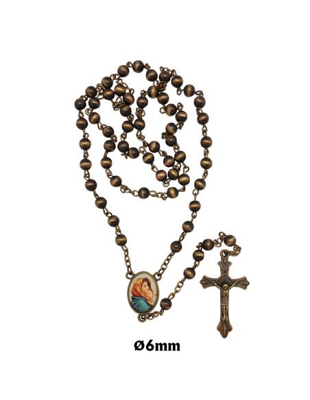 Rosario Cristal Liso Marron Con Acabado Bronce Maria Y Cruz