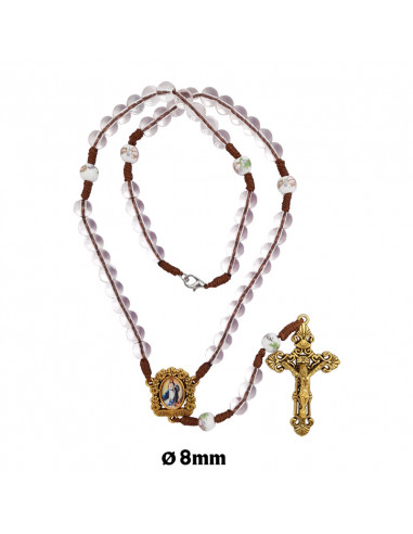 Rosario cristal rosa con cuerda 8mm con paters ceramica cruz y maria dorada