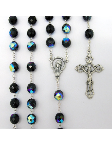 Rosario Cristal Tallado 6Mm Azul Con Copetas Y Paters Doble Metal