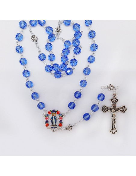 Rosario Cristal Virgen Milagrosa Tallado Azul 8Mm Paters Rosa Metal Maria A Colores