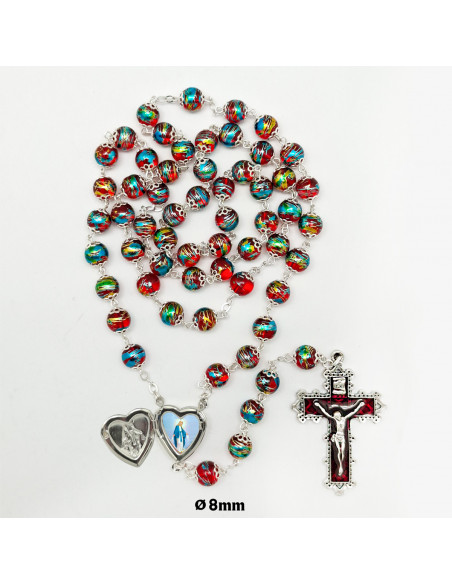 Rosario Cristal Liso 8mm Estampado Multicolor Maria Corazon Personalizada Copetas