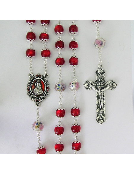 Rosario Cristal Rojo 8Mm Misericordioso Paters 8Mm Grano Rosa Interna Y Copetas
