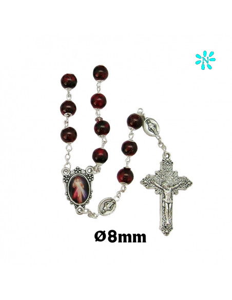 Rosario Cristal Liso 8Mm Estampado Rojo Copetas Y Paters Milagrosa