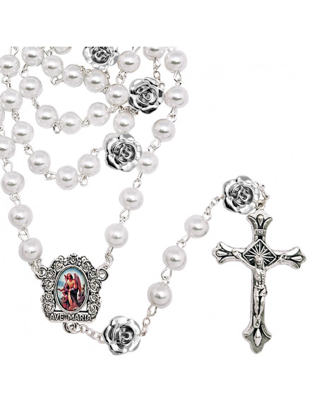 Rosario Cristal liso blanco 8mm con paters rosa 13mm