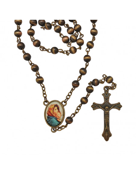 Rosario Cristal Liso Marron Con Acabado Bronce Maria Y Cruz