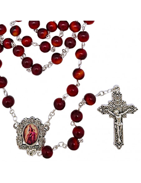 Rosario Cristal Liso 8Mm Rojo Intenso Y Matices Dorados