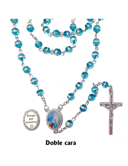 Rosario Cristal Liso 6Mm Azul Celeste Con Anillo Central Plateado