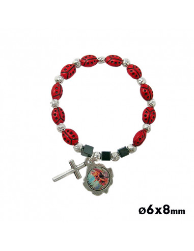 Pulsera Elastica Infantil Mariquitas Y Rosas Con Crucecita