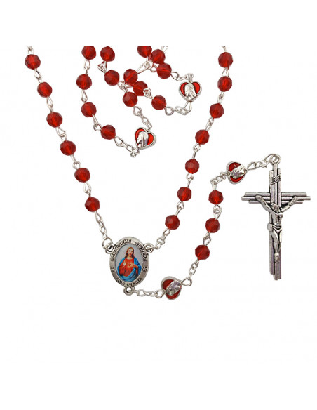 Rosario Cristal Rojo 6Mm Tallado Con Paters Corazon Esmaltados
