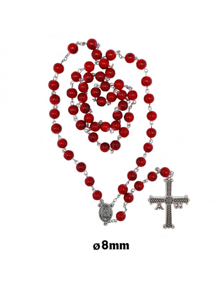 Rosario Cristal Rojo 8Mm Maria Virgen Covadonga Y Cruz De La Victoria